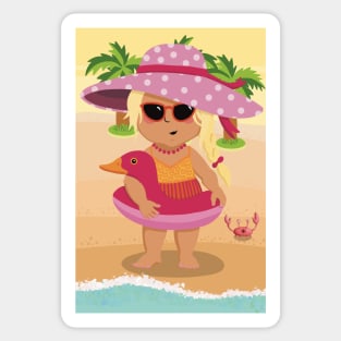 Vacation mood on - cute little girl having a sunny happy day on the beach, saturated ,no text Sticker